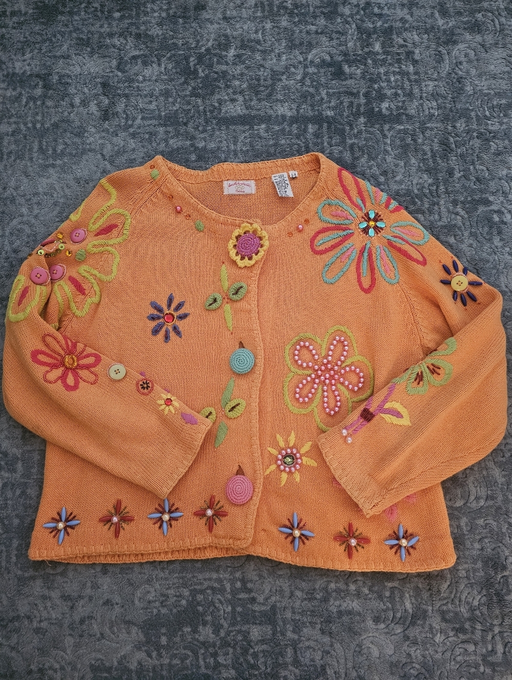 Handmade Embellished Orange Floral Knit Cardigan